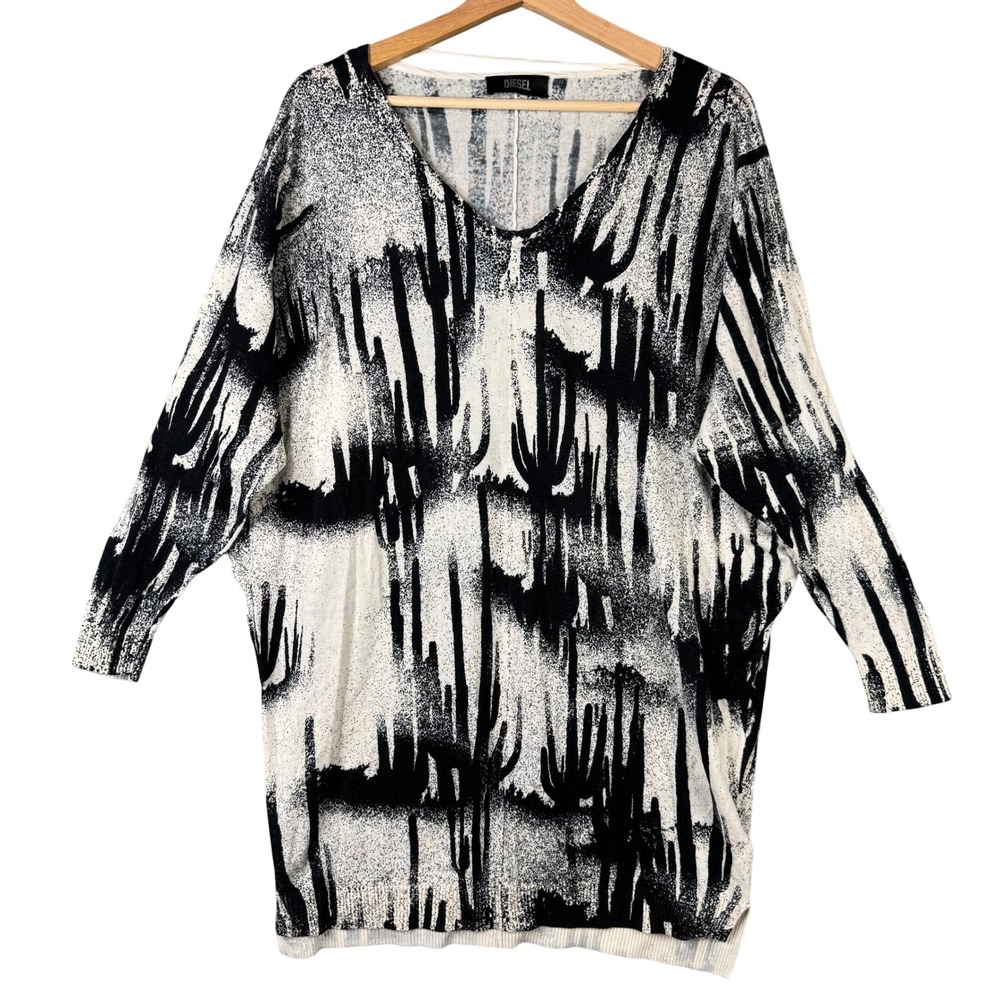 Diesel Womens Small Black White Cactus Print Cotton Knit V-Neck Oversized Tunic